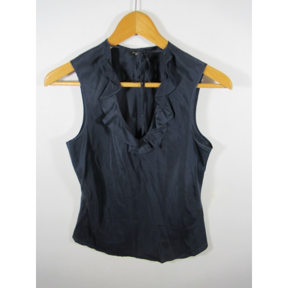 Talbots Silk Sleeveless Blouse Women 6 Blue Ruffle Deep V-Neck